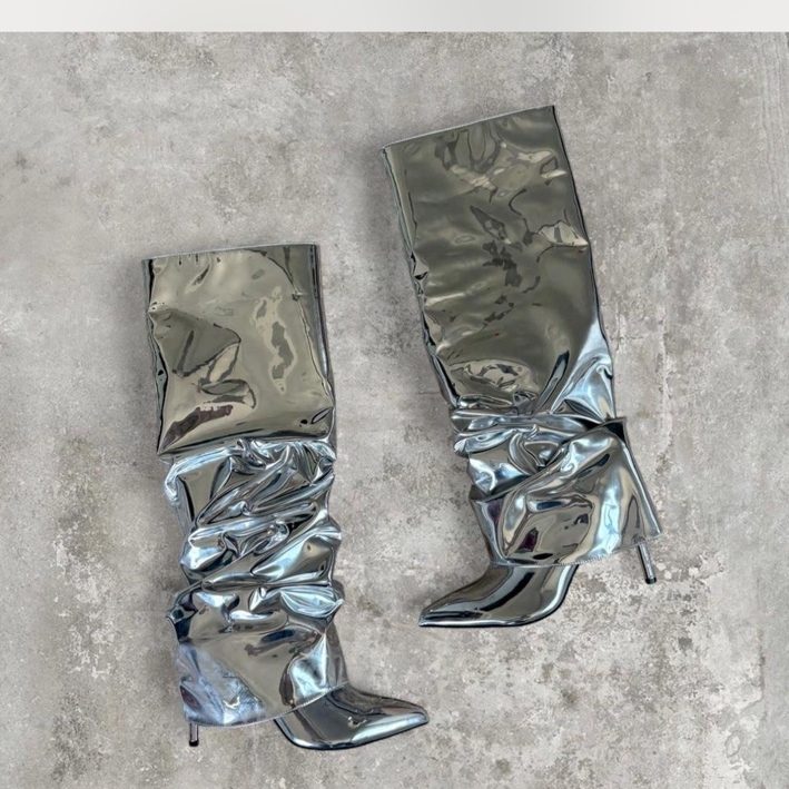 Silver Mirror Slouch Boots