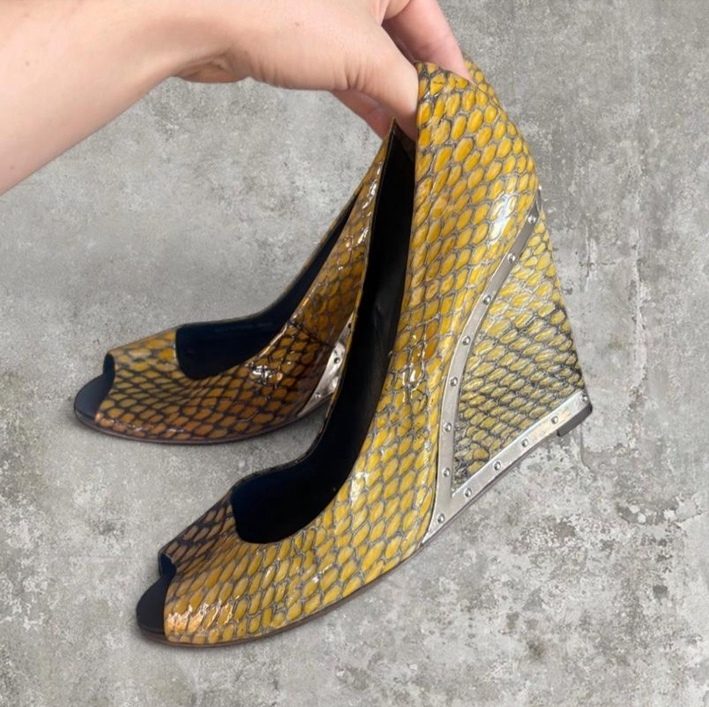 Yellow Snakeskin Wedges